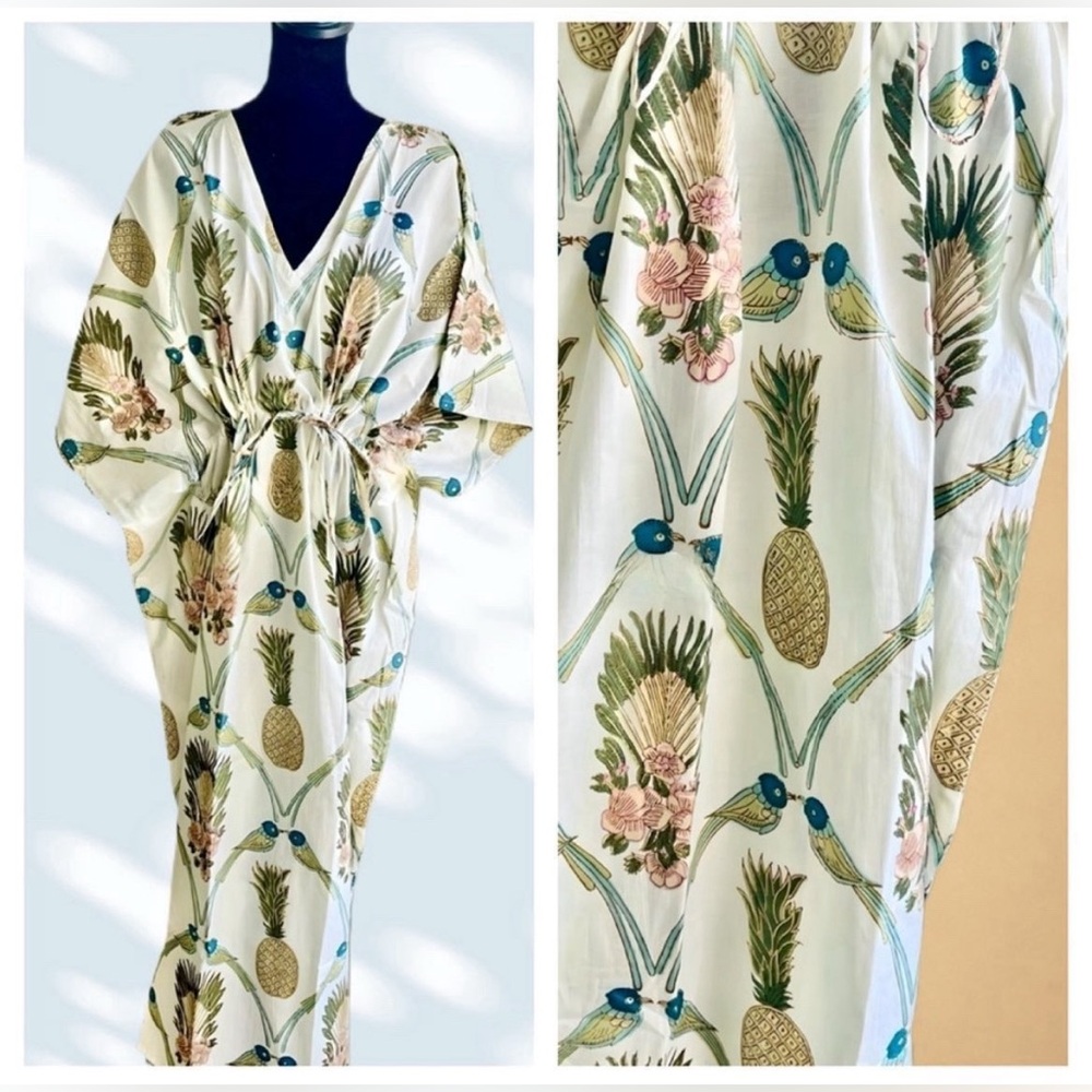 NEW Hand Block Printed Indian Cotton Kaftan Beach Coverup Nightgown Maxi Dress - Picture 6 of 10